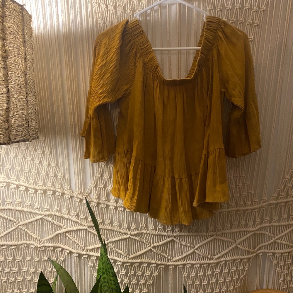 Mustard Off The Shoulder Boho Linen Top Size XL